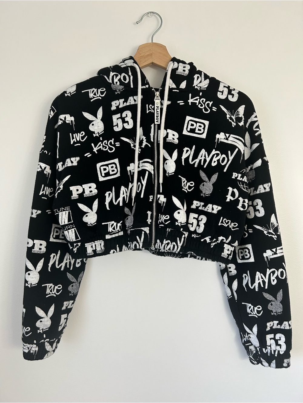Playboy Black & White Cropped Zip Hoodie - PLAYBOY